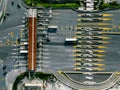 Aerial view gate for expressway fee payment in the city, toll collection point on the motorway