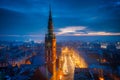 Aerial view of the Gdansk city with old town hall at sunrise, Poland Royalty Free Stock Photo