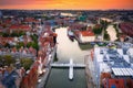 Aerial view of the Gdansk city over Motlawa river with amazing architecture at sunset,  Poland Royalty Free Stock Photo