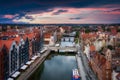 Aerial view of the Gdansk city over Motlawa river with amazing architecture at sunset,  Poland Royalty Free Stock Photo