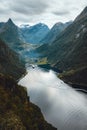Aerial view Geiranger fjord and mountains in Norway moody landscape scandinavian nature famous landmarks Royalty Free Stock Photo