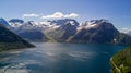 Aerial view on Geiranger fjord in More og Romsdal county in Norway famous for his beautiful boattrip through the fjord