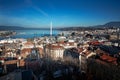 Aerial view of Geneva with Lake Geneva and Jet DÃ¢â¬â¢eau Water Fountain - Geneva, Switzerland Royalty Free Stock Photo