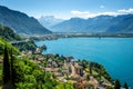 Aerial view of Geneva lake with Swiss Alps panorama from Montreux to Villeneuve and Chillon castle in Veytaux city Switzerland Royalty Free Stock Photo