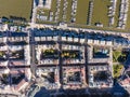 Aerial view of geometric architecture at Marina harbour residential district in Lisbon downtown along the Tagus river, Portugal Royalty Free Stock Photo