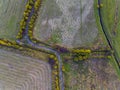 Aerial view on geometric pattern of agricultural fields, road and stream