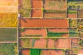 Aerial view geometric shapes of agricultural parcels of different crops in green, brown, orange colors