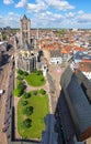 Aerial view of Ghent from Belfry. Saint Nicholas` Church and beautiful medieval buildings. Royalty Free Stock Photo