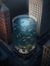 Aerial view of a giant fish tank shaped like a tower. Ai Generative