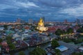 Aerial view of the Giant Golden Buddha in Wat Paknam Phasi Charoen Temple in Phasi Charoen district on Chao Phraya River at night