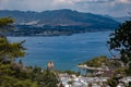 Aerial view of giant red torii of Itsukushima Shrine on Miyajima, Japan