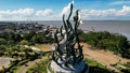 Aerial view of the A giant shark and crocodile statue as a symbol of the city of Surabaya. A landmark or monument as an icon of