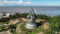 Aerial view of the A giant shark and crocodile statue as a symbol of the city of Surabaya. A landmark or monument as an icon of