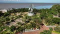 Aerial view of the A giant shark and crocodile statue as a symbol of the city of Surabaya. A landmark or monument as an icon of