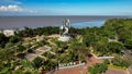 Aerial view of the A giant shark and crocodile statue as a symbol of the city of Surabaya. A landmark or monument as an icon of