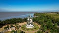 Aerial view of the A giant shark and crocodile statue as a symbol of the city of Surabaya. A landmark or monument as an icon of