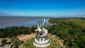 Aerial view of the A giant shark and crocodile statue as a symbol of the city of Surabaya. A landmark or monument as an icon of