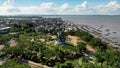 Aerial view of the A giant shark and crocodile statue as a symbol of the city of Surabaya. A landmark or monument as an icon of