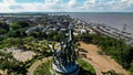 Aerial view of the A giant shark and crocodile statue as a symbol of the city of Surabaya. A landmark or monument as an icon of