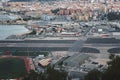 Aerial view on Gibraltar airport runway and customs with Spanish territory.