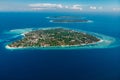 Aerial view with Gili islands and blue ocean. Gili Air, Meno and Trawangan islands Royalty Free Stock Photo