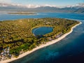 Aerial view with Gili islands and ocean, drone shot.