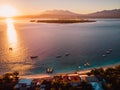 Aerial view with Gili islands, ocean and sunrise