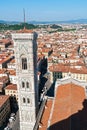 Aerial view of Giotto`s Campanile from the top of the Cathedral - Florence, Tuscany, Italy Royalty Free Stock Photo