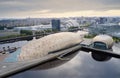 Aerial view of Glasgow science centre, SECC and Hydro Area on the river Clyde waterfront at sunrise