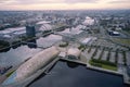Aerial view of Glasgow science centre, SECC and Hydro Area on the river Clyde waterfront at sunrise