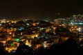 Aerial view of the glowing illuminated skyline of Kastoria, Greece