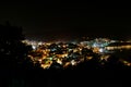 Aerial view of the glowing illuminated skyline of Kastoria, Greece