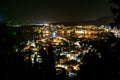 Aerial view of the glowing illuminated skyline of Kastoria, Greece