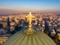 Aerial view of the golden cross on top of Saint Sava temple cupola in Belgrade Royalty Free Stock Photo