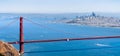 Aerial view of Golden Gate Bridge; the San Francisco skyline visible in the background; California