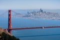 Aerial view of Golden Gate Bridge; the San Francisco skyline visible in the background; California Royalty Free Stock Photo