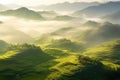 Aerial view of Golden and green terraced rice fields, beautiful China. Two Chinese farmers. Morning fog. Sunrise. High mountains. Royalty Free Stock Photo