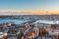 Aerial view of golden horn in the strait of Bosporus under sunset from the gala tower in Istanbul, Turkey, view from the Galata Royalty Free Stock Photo