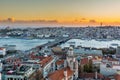 Aerial view of golden horn in the strait of Bosporus under sunset from the gala tower in Istanbul, Turkey, view from the Galata Royalty Free Stock Photo