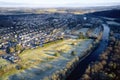 Aerial view of golf course green from above frozen grass in winter at Banchory Aberdeenshire Scotland Royalty Free Stock Photo