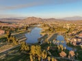 Aerial view of golf course surrounded by town houses and luxury villas during sunset time, Temecula Royalty Free Stock Photo