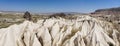 Aerial view of Goreme National Park, Tarihi Milli Parki, Turkey. The typical rock formations of Cappadocia. Tourists on quads Royalty Free Stock Photo