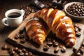 Aerial view of a gourmet caramel-glazed croissant on a rustic wooden table, surrounded by scattered delights