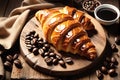 Aerial view of a gourmet caramel-glazed croissant on a rustic wooden table, surrounded by scattered delights