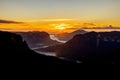 Aerial view of Govvets Leap Lookout Blue Mountains in Australia at sunrise