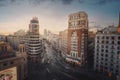 Aerial View of Gran Via Street with Edificio Capitol and Palacio de la Prensa Buildings at sunset - Madrid, Spain