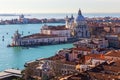 Aerial View of the Grand Canal and Basilica Santa Maria della Salute, Venice, Italy. Venice is a popular tourist destination of Royalty Free Stock Photo