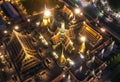 Aerial view of Grand Palace temple in Bangkok Thailand during lockdown covid quarantine at night Royalty Free Stock Photo