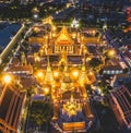 Aerial view of Grand Palace temple in Bangkok Thailand during lockdown covid quarantine at night Royalty Free Stock Photo