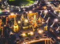 Aerial view of Grand Palace temple in Bangkok Thailand during lockdown covid quarantine at night Royalty Free Stock Photo